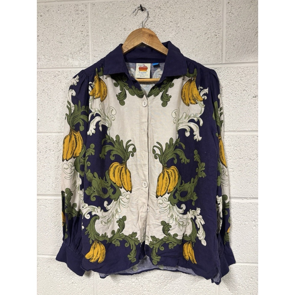 Farm Rio x Anthropologie Puff-Sleeve Printed Buttondown Blouse Women's Medium - Picture 2 of 4